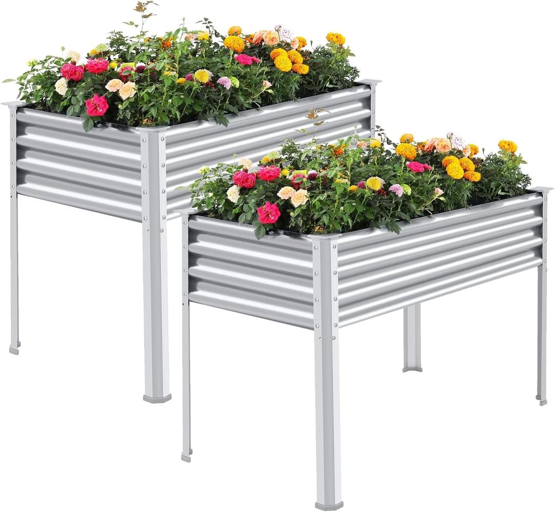 Land Guard 2Pcs Galvanized Raised Garden Bed with Legs, 482432in Large Metal Elevated Raised Planter Box with Drainage Holes for Backyard, Patio, Balcony, 400lb Capacity
