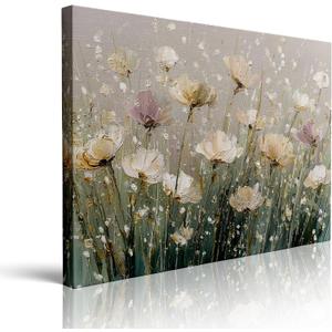 Serene White Lavender Floral Canvas Wall Art Framed Oil Painting Impressionist Botanical Print Thick Textured Artwork Pastel Wall Decor Poster for Calming Bedroom Living Room Home Decor 16x24 Inches