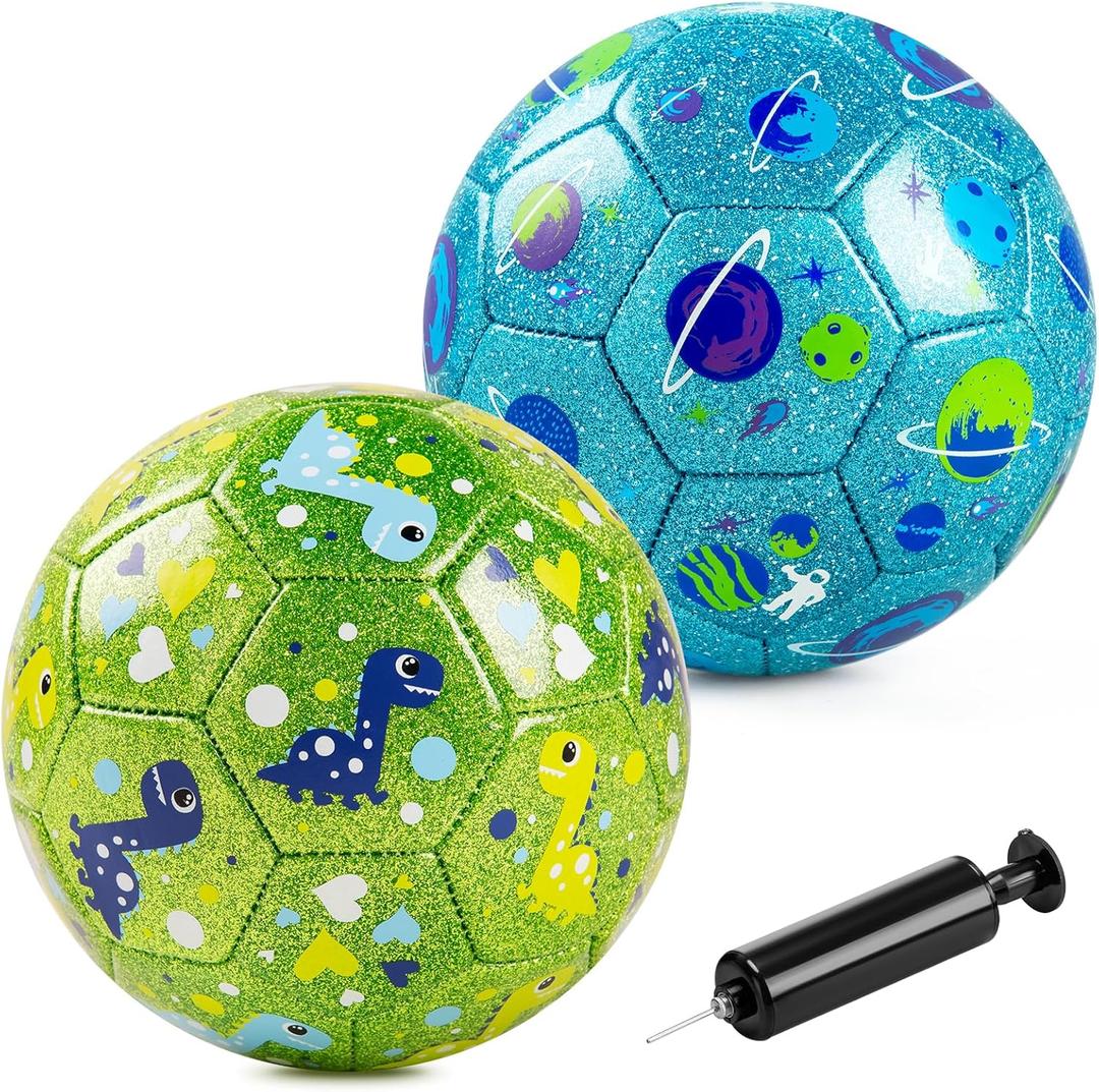 ZOOJOY Size 2 Soccer Ball, 2 Pack Cartoon Balls with Pump Mesh Bag, Planet & Dinosaur Toddler Boys Toys for 1 2 3 4 5 6 Years Old, Trendy Sensory Boys Girls Gifts for Indoor Outdoor Play Balls (Green,Blue)