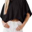 Womens Summer Crewneck Crop Tops Short Sleeve Casual Loose Cropped T Shirts L