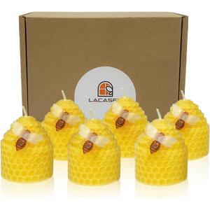 Beeswax Candles Set of 6pcs, Bee Candles with Little Bee Ornament Decors, Unscented & Dripless& Smokeless, Dia 1.77" x1.97" Each, Yellow