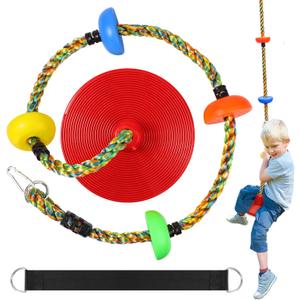Tree Swing Climbing Rainbow Rope, Heavy Duty Swing Disc Seat Replacement for Kids with Hanging Strap and Platform Carabiners Indoor/Outdoor Playground Accessories (Red)