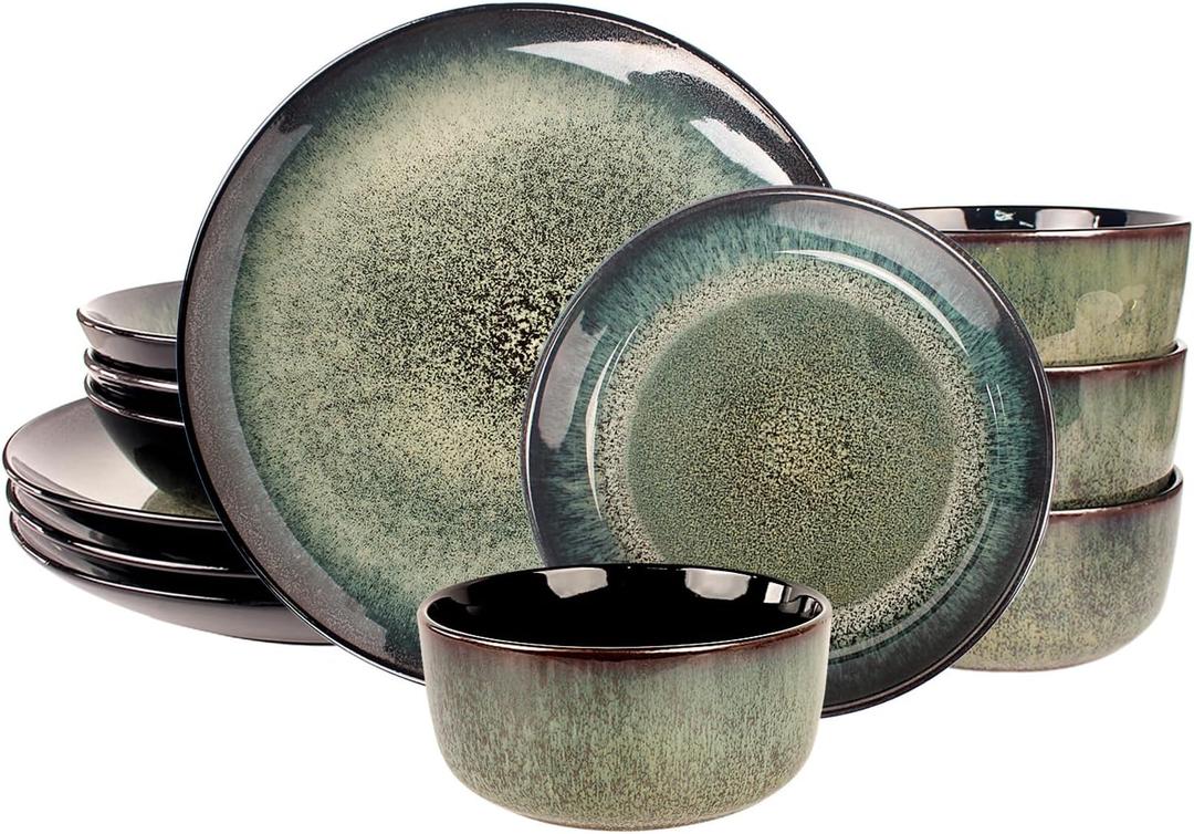Dinnerware Sets(12Pcs) Serves for 4, Reactive Glaze Plates and Bowls Set with 10.6"dinner plates,8.3"Salad Plates,5.5"bowls, Modern kitchen tableware, Microwave safe, Set No.6 ((12 Pieces) Service for 4)