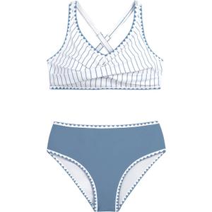 HOZIY Teen Girl Swimsuit Kids Blue Stripe Bikini Sets Two Piece Tween Whip Stitch Crisscross Tie Back Juniors Swimwear Bathing Suit Size 9-10
