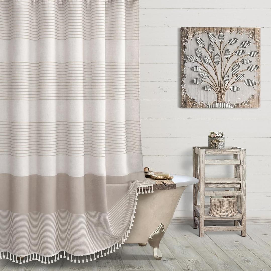 Farmhouse Shower Curtain Taupe Linen Texture Shower Curtains for Bathroom with Striped Tassel 72 X 72 Natural