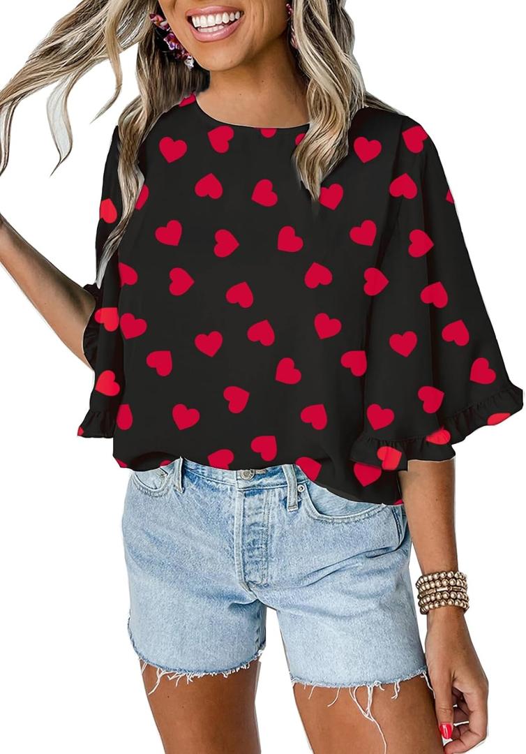 Roshop Valentines Shirts Women's Heart Blouse Dressy 3 4 Ruffled Bell Sleeve Cute Hearts Shirt (Large, Red Heart Black-x)