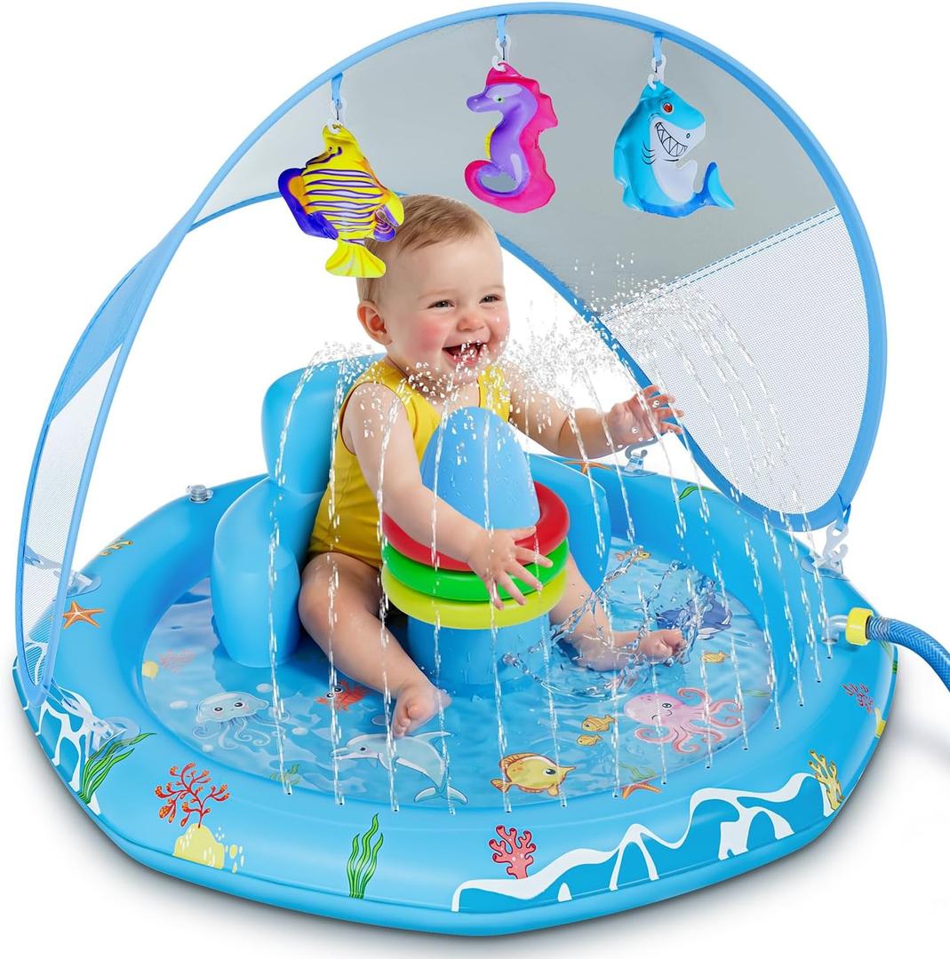 Verdenu Baby Splash Pad, Baby Pool Float with Canopy, Splash Pad with Backrest & Stackable Rings for Toddlers, Summer Outdoor Water Play Toys for Boys Girls