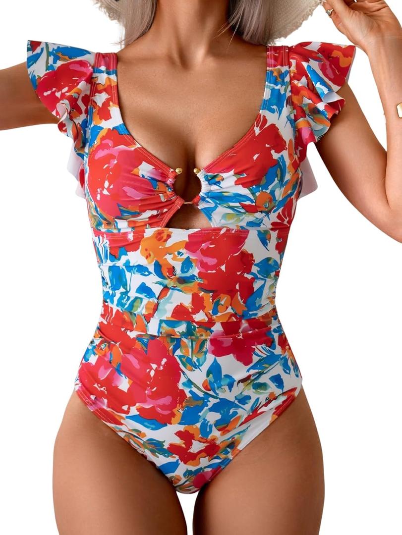 Eomenie Women's One Piece Swimsuit Tummy Control Bathing Suit Cutout Ruffle Slimming Swim Suit (Large, Red Floral Print)