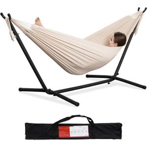 PNAEUT Double Hammock with Space Saving Steel Stand 2 Person Heavy Duty Garden Yard Outdoor 450lb Capacity Hammocks (Beige)