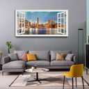 Window View New York Brooklyn Bridge Canvas Wall Art- Nature Landscape Canvas Print Picture Artwork Framed for Living Room Bedroom Bathrom Offce-24"x48"