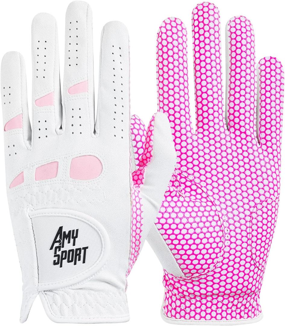 Amy Sport Golf Gloves Women Left Hand Right All Weather Rain Grip Value 2 Pack, Ladies Soft Pink Glove Lh Rh Both Hand Fit Size Small Medium Large XL (White, M)
