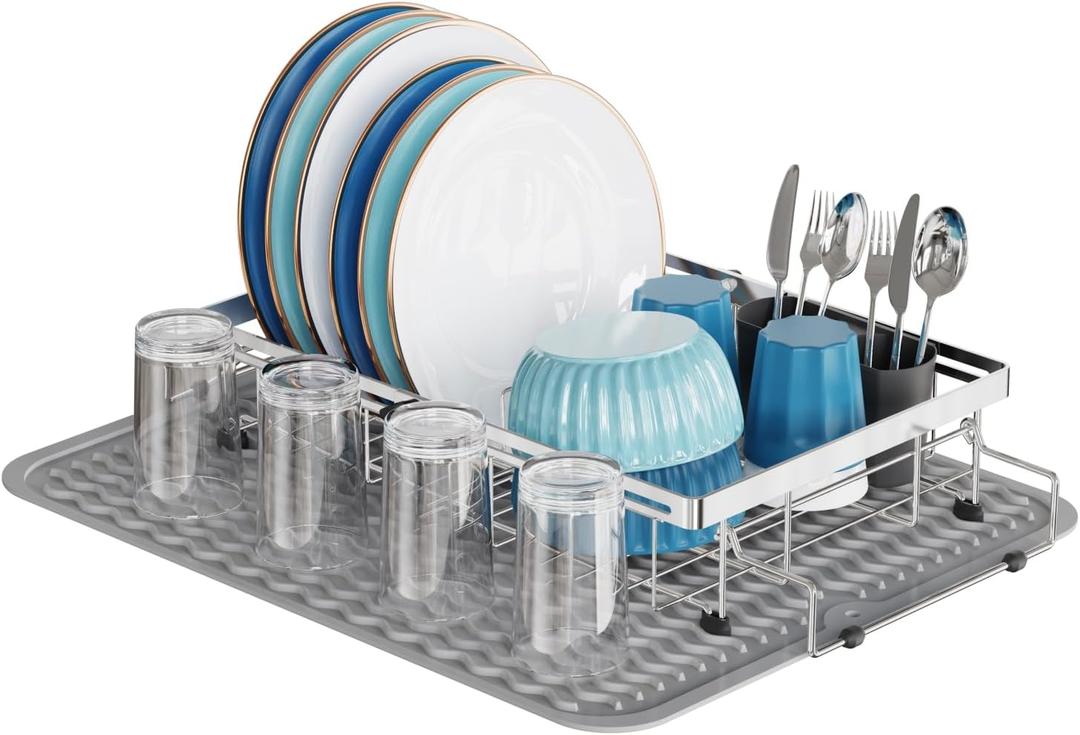 GSlife Stainless Steel Dish Drying Rack - Capacity Expandable in Sink Dish Drainer with Silicone Mat, Over Sink Dish Rack with Utensil Holder for Kitchen Counter, Large Capacity, Silver (Medium)
