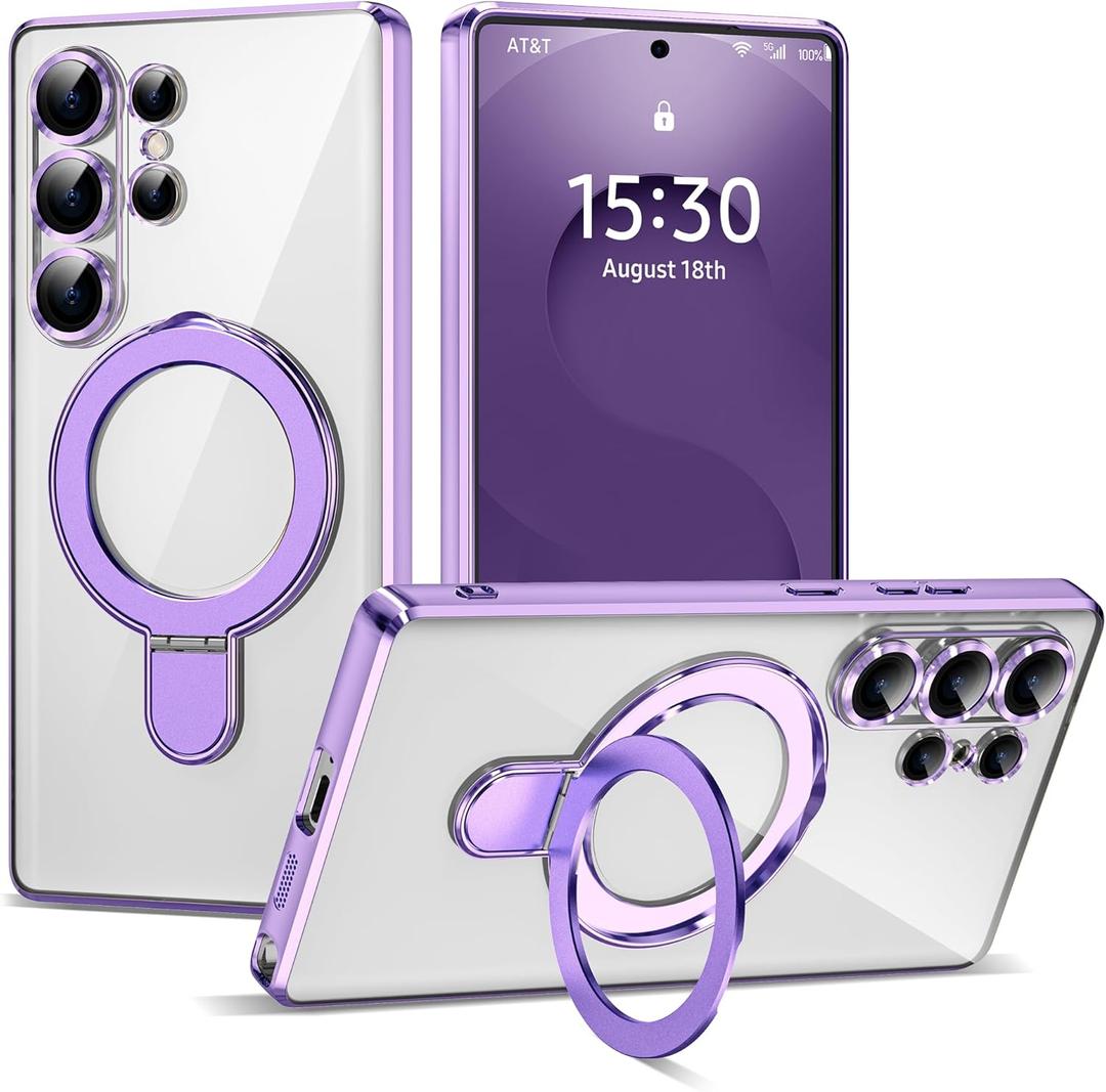 Compatible with Samsung Galaxy S25 Ultra Case with Magnetic Ring Stand [Compatible with Mag-Safe] [Full Camera Lens Protector] Plating Clear Phone Case for S25 Ultra 6.9", Light Purple