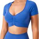 TAYOEA Crop Tops Workout for Women Yoga Short Sleeve Shirts Seamless V-Neck Gym T Shirts with Built in Pads (Medium, Blue)