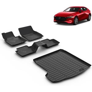 All Weather Car Floor Mats & Cargo Liner Set Fit for Mazda 3 (Only Sedan Models) 2019 2020 2021 2022 2023 2024 2025 2026 TPE Floor Liners Trunk Liner Mazda 3 Sedan Cargo Mat Accessories Black