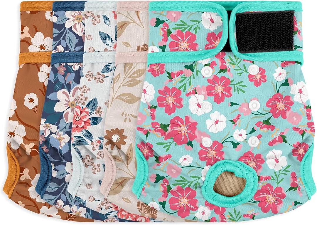 Female Dog Diapers 5Pcs - Premium Reusable Diapers for Doggie in Heat - Highly Absorbent Dog Diapers Female for Pet Incontinence with Adjustable Snaps, Breenish Lily Flower, M