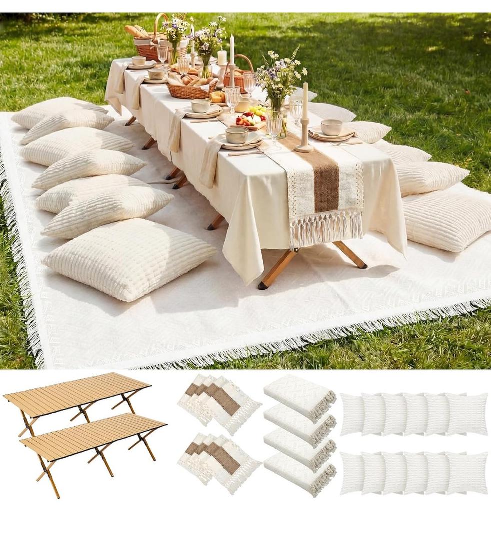 Novabright 20 Pcs Boho Picnic Kit Folding Picnic Table 59'' x 20.5'' Extra Large Outdoor Boho Blanket 91'' x 71'' Beige White Table Runner 12 Pillow Cover Woven Cotton Oversize Washable for Wedding
