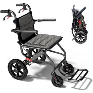 15 Inch Seat Transport Wheelchair for Adults 12 Inch Honeycomb Tire, Locking Hand Brakes Lightweight Foldable (Only Takes 1S), Ultra Light Wheelchair with Telescopic Handle(Only 20LBS, Holds 270 LBS)