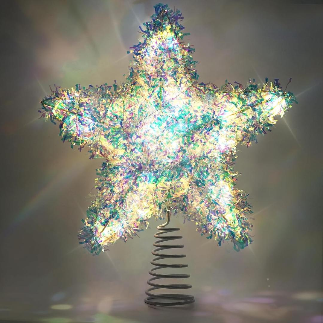 LAWOHO Christmas Tree Topper Star, Exquisite Christmas Decor, 10 Inch Shiny Iridescent Christmas Tree Decoration with 6H Timer, 20 Warm LED Lights for Xmas Tree, Holiday & Party, Indoor Decor