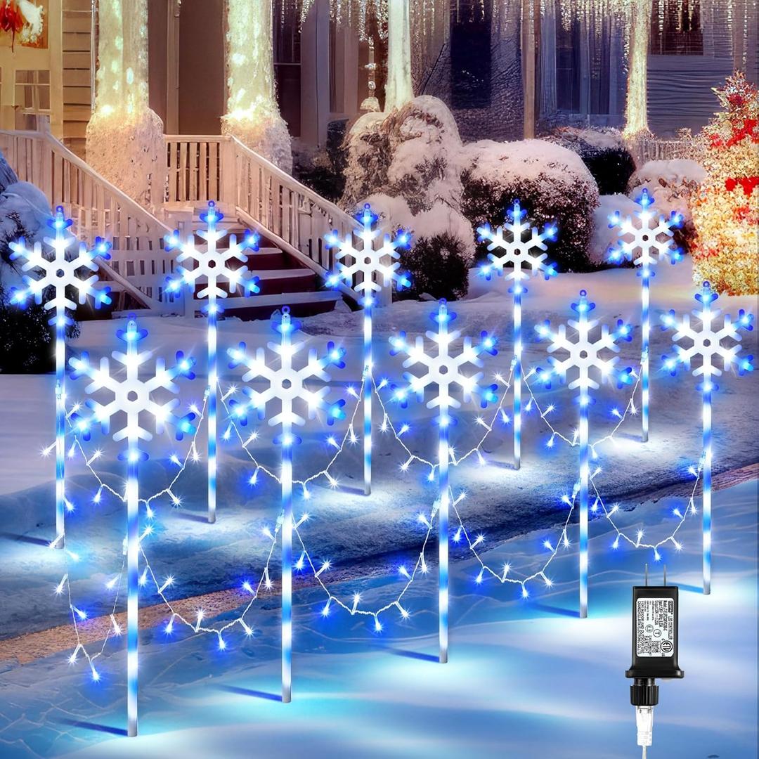 10 Pcs Christmas Snowflake Pathway Stake Lights for Outdoor Yard, 370 Bright LEDs Waterproof Large Christmas Snowflake Light Decoration for Garden Lawn Driveway Walkway Decor (Blue White)