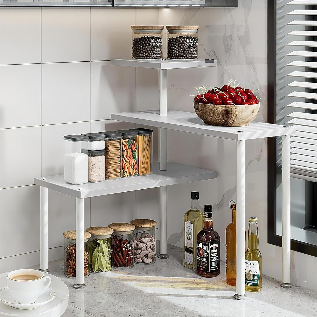 Countertop Organizer Organization 3 Tier Kitchen Corner Shelves Adjustable Spice Storage Rack for Bathroom Coffee Area Over Sink (White)