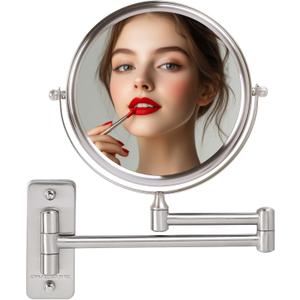 OVENTE 7" Wall Mounted Makeup Mirror with 1X/10X Magnification, Double Sided Magnifying Round Bathroom Vanity Mirror, 360 Swivel Design, Extendable and Folding Arm, Nickel Brushed MNLFW70BR1X10X