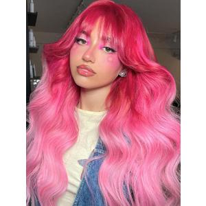 FANCEE Pink Wig with Bangs Long Curly Wavy Wig with Blunt Bangs for Women 26 Inch Synthetic Ombre Hot Pink and Pastel Pink Loose Wave Wigs for Cosplay Halloween Party Daily Use Ghost Roots