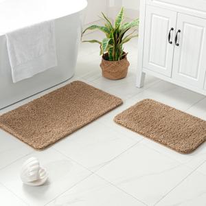 MIULEE Microfiber Bathroom Rugs and Mats Sets 2 Pieces Extra Thick Non Slip Bath Mat Absorbent Soft Shaggy Washable Quick Dry Rug for Bath Room Floor Restroom, 16"x24"+20"x30", Light Brown