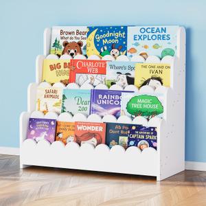 SpaceAid 4-Tier Scalloped Bookshelf, Montessori Bookcase for Toddlers, Wooden Book Shelf Organizer Display Furniture for Kids Rooms, Playroom, Nursery and Classroom, 29.6 Wide, White