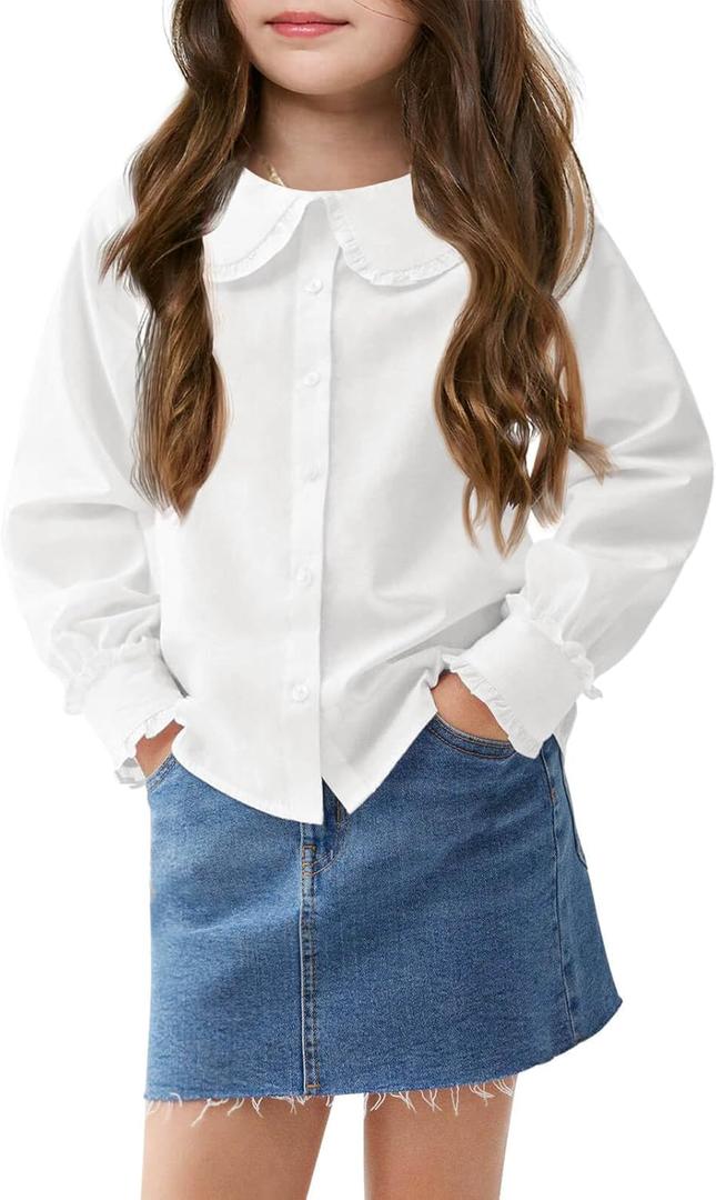 Haloumoning Girls Baby Doll Collar Shirt Classic Long Sleeve Button Down Uniform Shirts Soft Blouse Tops (9-10 Years, White)