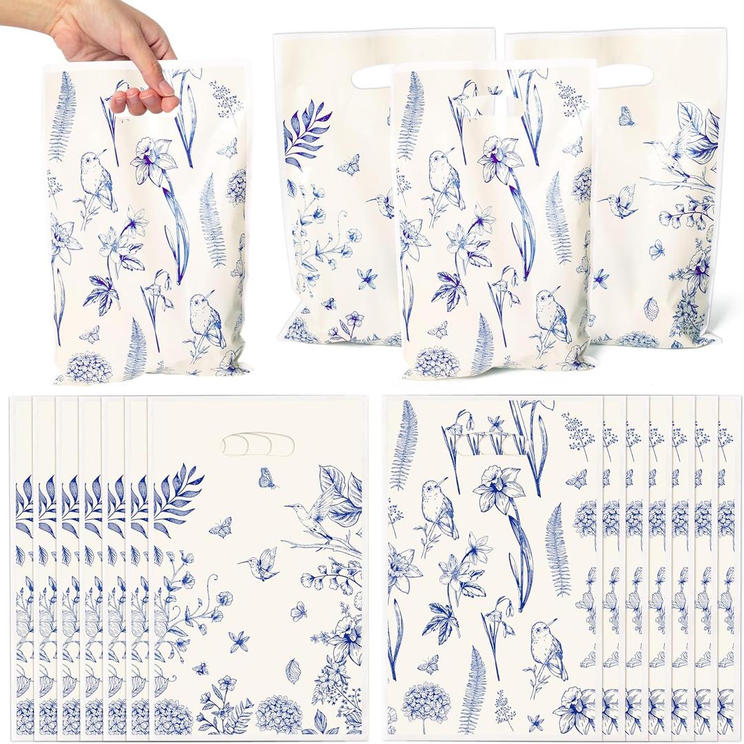 Blue and White Floral Bird Party Favor Bags - 50Pcs Plastic Sketch Birds Flowers Candy Treat Snack Gift Sacks with Handles Snack Goodie Bags for Wedding Birthday Party Supplies Decor