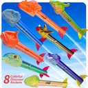 Gizzjoy Dinosaur Rocket Launcher for Kids - Launch Up to 100 Ft, 8 Rockets and 2 Pads for Multi-Player, Dinosaur Toys, Birthday Gift Ideas, for 3 4 5 6 7 Year Old Boys, Outdoor Outside