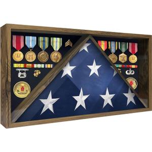 Memorial Flag Display Case for 9x12 American Veteran Burial Flag with HD Tempered Glass, Military Shadow Box with Velvet Felt Lining for Medals, Rustic