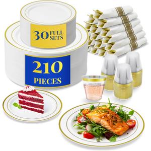 Reli. Plastic Plates for Party | 210 Pieces | White w/Gold Rim | Plates and Napkins Party Supplies | Disposable Dinnerware Set for 30 Guests | Dinner & Dessert Pack, Pre-Rolled Gold Cutlery Set, Cups