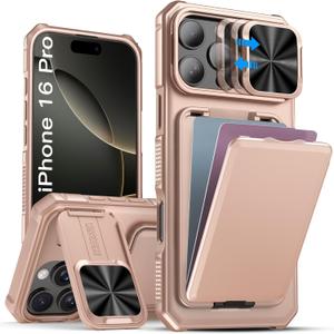 SSLOTSCASE for iPhone 16 Pro Wallet Case with Kickstand & Camera Cover & Card Holder (4 Cards), Drop Protection Heavy Duty Shockproof Hard Phone Case Cover for iPhone 16 Pro 6.3'' 2024, Rose Gold