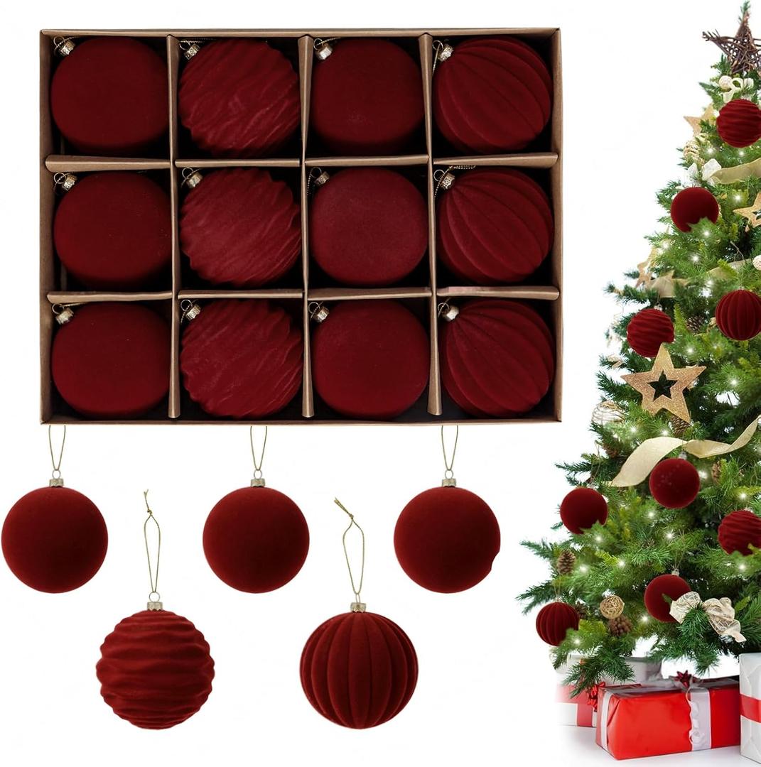 3.15inch Burgundy Velvet Christmas Ornaments Balls, 12PCS Flocked Plastic Balls Christmas Tree Decorations Xmas Hanging Ornaments (Red Wine, 3.15inch)