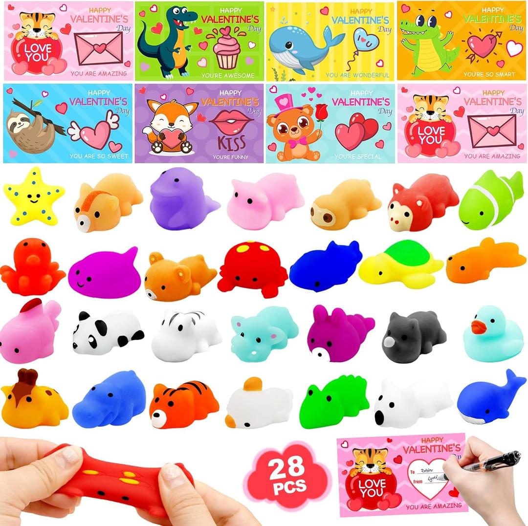 28 Pack Valentines Day Gifts for Kids ,Mochi Squishy Toys with Valentine Greeting Cards Classroom Prizes Exchange Gifts Prizes Valentines Day Gifts Valentine Party Favors for Kids Boy Girl