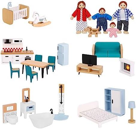 OOOK Wooden Dollhouse Furniture Set for Kids, 26 Pcs Dollhouse Accessories with 4 Family Dolls and Dog, Miniature Doll House Furniture Toys Pretend Play Set for G irls Boys Age 3+