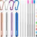 Cruise Ship Essentials,4-Pack reusable Collapsible Stainless Steel Drinking Straws with Aluminum Case, Cleaning Brush, and Keychains (Silver & rose gold & blue & purple)