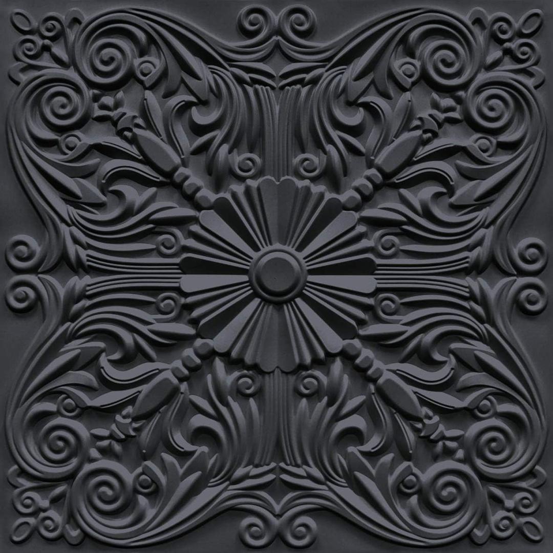 Art3d Decorative Ceiling Tile 2x2 Glue up, Lay in Ceiling Tile 24x24 Pack of 12pcs Spanish Floral in Black