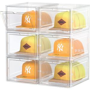 SCAVATA Hat Organizer Box, Stackable Clear Baseball Caps Holder Box Containers with Magnetic Door for Hats Snapback Cap Storag, Hat Rack Display Case, Holds 8 Hats Each (Clear, 6 Pack)