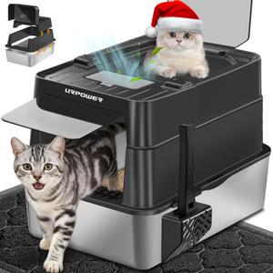 URPOWER Stainless Steel Cat Litter Box with Flip-Top Lid Extra Large Enclosed Litter Box Non-Sticky Metal Pan with High Sided & Scoop, Odor Free, Front & Top Entry, Anti-Leakage, Easy Cleaning