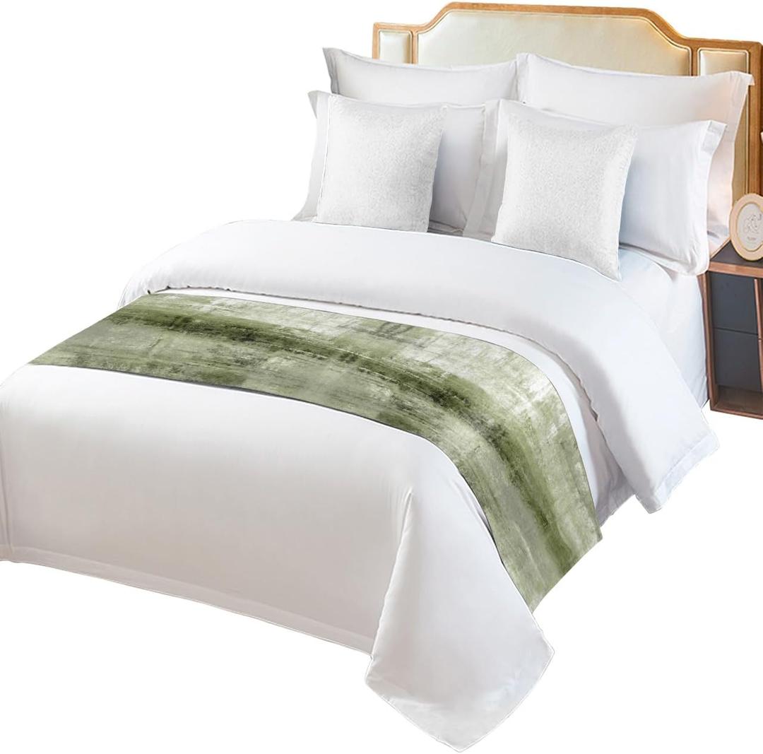 Bed Runner for Cal.King Size Bed, Sage Green Bed Scarf Throws for Foot of Bed, Modern Geometric Oil Painting Abstract Art Bedding Protector Slipcover Bed Runners for Hotel/Home, 102 x 20 Inch
