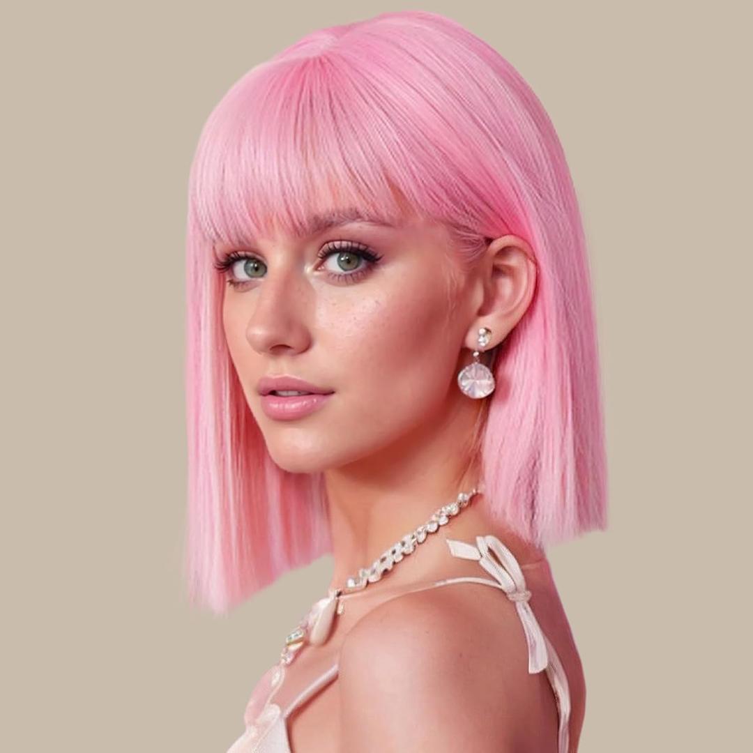 Pink Bob Wig With Bangs - Short Straight Bob Bangs Wig, 12Inch Heat Resistant Synthetic Hair, Natural Looking For Daily Party Use (12 Inch, Pink)