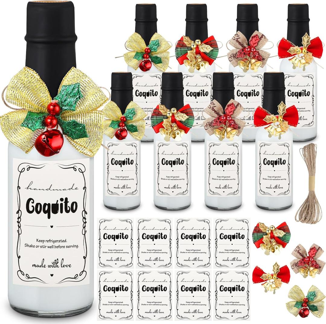 38 Pcs 5oz Christmas Coquito Bottles with Coquito Labels and Christmas Bows Clear Flip Swing Top Glass Bottles with Airtight Cap Lids for DIY Craft Xmas Party Gift Brewing Beverages Liqueur