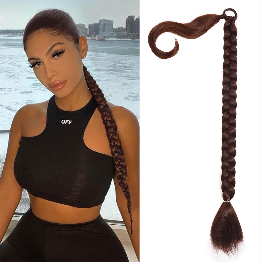 26 inch Long Braided Ponytail Extensions for Women, Straight Wrap Around Hair Extensions With Hair Tie, Natural Soft DIY Synthetic Ponytail Hair Extensions Daily Wear (Light Brown)