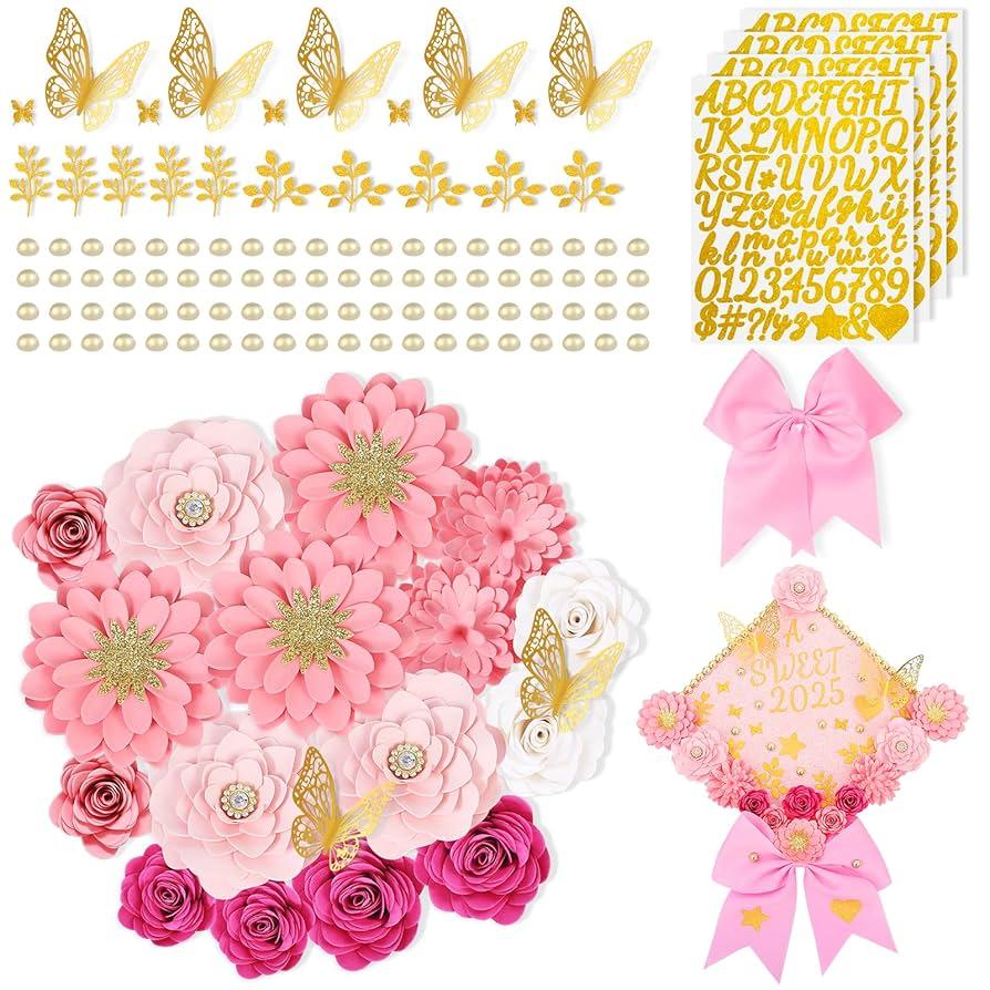 Paper Flowers for Graduation Cap Decoration Kit, Small Roses Flores for Crafts, 3D Flores for Shadow Box Projects