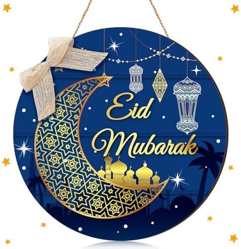 Anglechic Eid Mubarak Ramadan Kareem Door Sign Ramadan Wooden Hanging, Round Eid Mubarak Wooden Hanging Sign Wreath Moon Decorations, Muslim Wall Window Decorations(Eid Mubarak)
