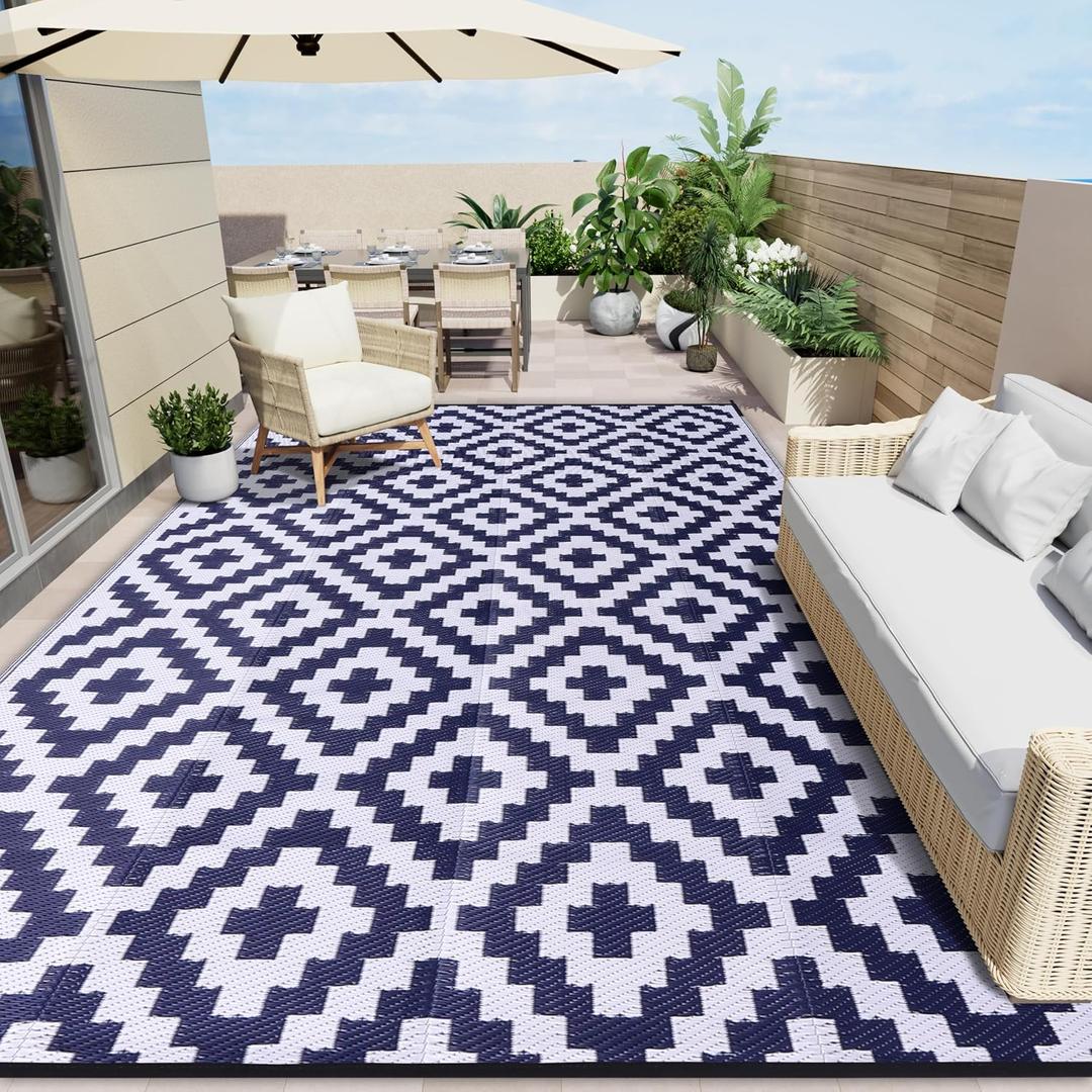 OLANLY Waterproof Outdoor Rug 8x10 ft, Outdoor Plastic Straw Rug for Camping, RV Mat Outside, Indoor Outdoor Carpet for Porch, Deck, Backyard, Balcony, Picnic, Navy & White