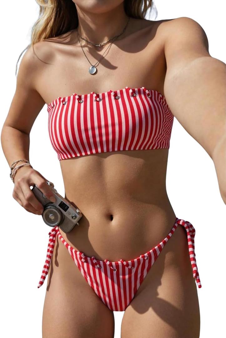 Verdusa Women's 2 Piece Striped Bandeau Bikini Set Lace Up Cheeky Swimsuits (L)